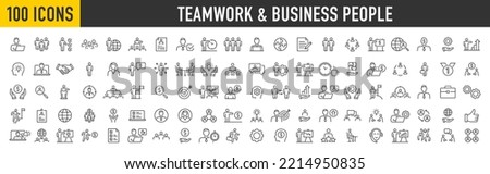 Set of 100 Teamwork icons in line style. Team, business people, human resources, collaboration, research, meeting, partnership, support, businessman. Collection. Vector illustration.	
