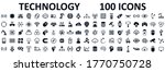 Set of 100 technology icons. Industry 4.0 concept factory of the future. Technology progress: 5g, ai, robot, iot, near field communication, programming and many more - stock vector