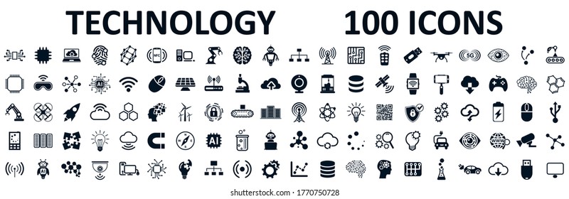 Set Of 100 Technology Icons. Industry 4.0 Concept Factory Of The Future. Technology Progress: 5g, Ai, Robot, Iot, Near Field Communication, Programming And Many More - Stock Vector