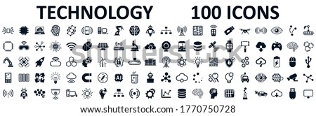 Set of 100 technology icons. Industry 4.0 concept factory of the future. Technology progress: 5g, ai, robot, iot, near field communication, programming and many more - stock vector