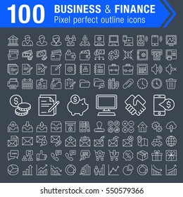 Set of 100 thin line finance, banking and business icons for mobile apps and web design. 
Pixel perfect trendy thin line icons. Editable stroke.