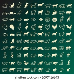 Set of 100 Thin Line and Solid Animals Icons . Vector Isolated Elements