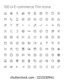 Set of 100 Thin UI E-commerce icons for web and mobile design. Contains such icons as Home, Notification, Profile, Settings, Delivery, Log In, Favorite, Cart, Calendar, Sale, Contacts, Payment, Price