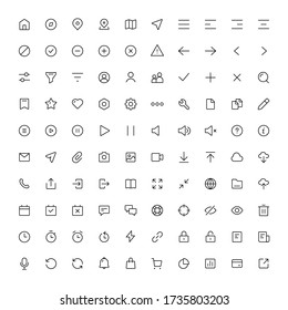 Set of 100 Thin UI icons for web and mobile design. Contains such icons as Home, Notification, Profile, Settings, Arrows, Log In, Favorite, Message, Calendar, Phone, Clock, Attachment, Download