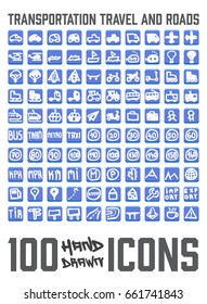Set of 100 Transportation themed hand drawn / doodled icons. You can see various vehicles, street signs and more. Grouped, ready to quick use!

