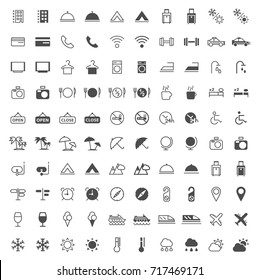 Set of 100 Travel and Hotel Thin Line and Solid Icons on White Background . Vector Isolated Elements