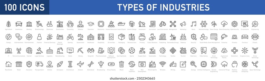 Set of 100 types of industries icons. Editable Stroke. Technology, finance, healthcare, automotive, energy, retail, construction, hospitality, tourism, education, agriculture. Vector illustration.