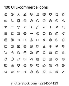 Set of 100 UI E-commerce icons for web and mobile design. Contains such icons as Home, Notification, Profile, Settings, Delivery, Log In, Favorite, Cart, Calendar, Sale, Contacts, Payment, Price, Like