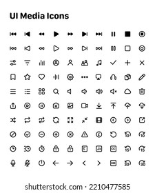 Set of 100 UI media icons for web and mobile design. Contains such icons as Play, Pause, Shuffle, Profile, Settings, Arrows, Playlist, Favorite, Timer, Download, Upload, Record, Mic, CC, HD, Share