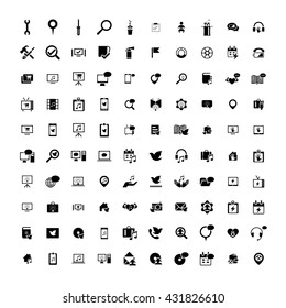 Set of 100 Universal Icons. Simple Flat Style. Business, internet, web design, random pictogram.