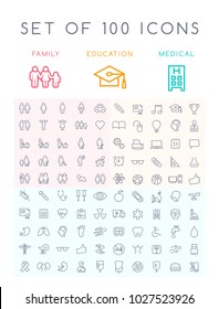 Set of 100 Universal Minimal Black Stroke Icons ( Education School Family People and Medical )