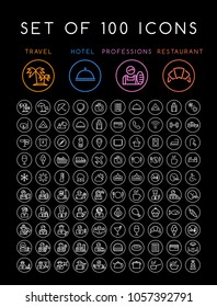 Set of 100 Universal Minimal Black Thin Line Icons on Circular Buttons on White Background ( Travel Hotel Professions and Restaurant )
