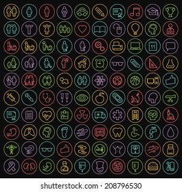 Set of 100 Universal Minimal Neon Stroke Icons on Circular Buttons on Black Background (Education, School, Family, People and Medical)