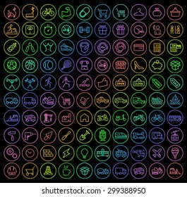 Set of 100 Universal Minimal Simple Isolated Neon Thin Line Icons on Circular Buttons on Black Background  (Fitness, Shopping, Construction and Transport Icons)