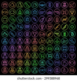 Set of 100 Universal Minimal Simple Isolated Neon Thin Line Icons on Circular Buttons on Black Background ( Veterinary , War , People and Airport )