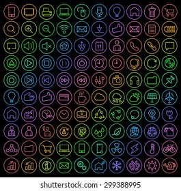 Set of 100 Universal Minimal Simple Isolated Neon Thin Line Icons on Circular Buttons on Black Background (Interface, Multimedia, Business and Ecology)