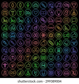 Set of 100 Universal Minimal Simple Isolated Neon Thin Line Icons on Circular Buttons on Black Background ( Education , School , Family , People and Medical )