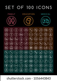 Set of 100 Universal Minimal White Stroke Icons on Circular Buttons on Black Background ( Education School Family People and Medical )