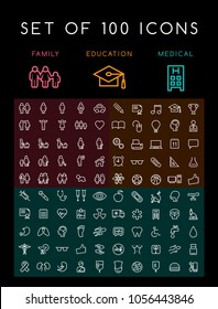Set of 100 Universal Minimal White Stroke Icons on Black Background ( Education School Family People and Medical )