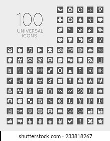 Set of 100 universal square icons of business, science, health, security, education, technology, leisure time and food