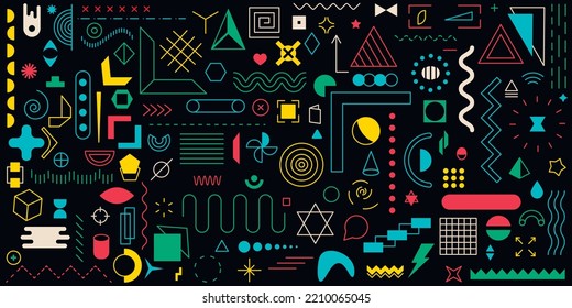 Set of 100+ vector geometric shapes. Memphis trendy graphic elements. Template for your project, advertising, banner, poster, t-shirt. 