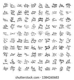 Set of 100 vector hand draw lettering. Ink draw illustration for postcard, greeting card and banner. Grunge lettering logo