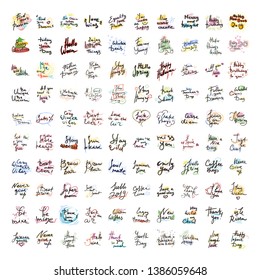 Set of 100 vector hand draw lettering. Ink draw illustration for postcard, greeting card and banner. Grunge lettering logo