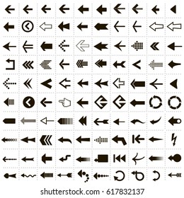 Set of 100 vector icons of a variety of black and white arrows