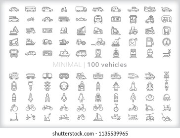 Set of 100 vehicle icons for driving, commuting, hauling and transportation including cars, trucks, trains, rail, train, construction, bicycles, boats and gas station items