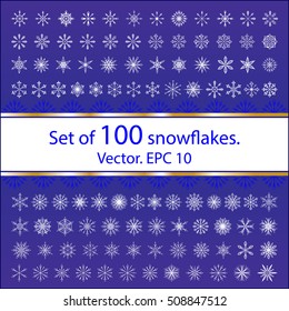 Set of 100 white flat snowflakes on a blue background. Geometrical, smooth and free form. The symbols, the signs of winter. A lot of snowflakes, background. Design for Christmas and new year. Vector