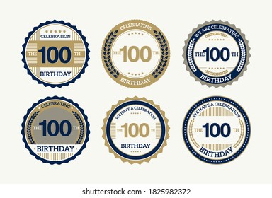 set 100 year Birthday round seals with different icons, vector illustration