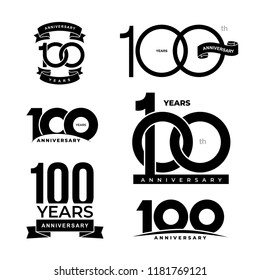 Set of 100 years anniversary icon. 100-th anniversary celebration logo. Design elements for birthday, invitation, wedding jubilee, postcards. Vector illustration. Isolated on white background.
