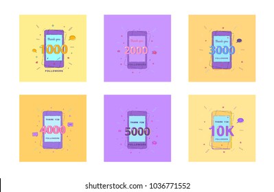 Set of 1000, 2000, 3000, 4000, 5000, 10K Followers thank you vivid cards. Template for social media post. Glitch chromatic aberration style.  Subscribers banner. Vector illustration.