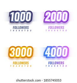 Set 1000 to 4000 Followers Thank You Illstration Template Design. Vector Eps 10