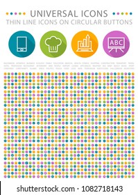 Set of 1000 Elegant Universal White Minimalistic Thin Line Icons on Circular Colored Buttons on White Background 