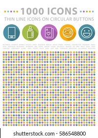 Set of 1000 Elegant Universal White Minimalistic Thin Line Icons on Circular Colored Buttons on White Background 