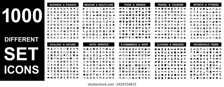 Set 1000 icons: business, medical, food, travel, sport, ecology, service, shopping, clothes, home living, big signs collection