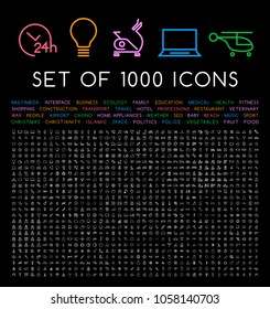 Set of 1000 Isolated Minimal Modern Simple Elegant White Stroke Icons on Black Background