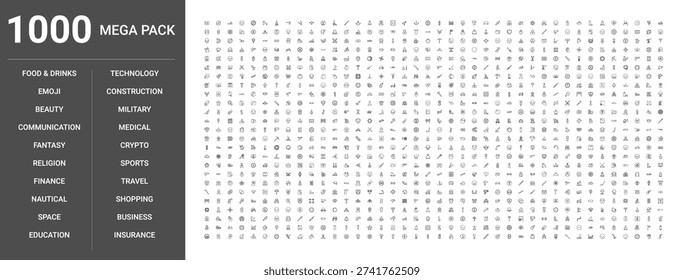 Set of 1000 thin line icons for business, finance, sports, technology, medical, construction, beauty, religion, military, nautical, cryptocurrency, insurance, space, fantasy, emoji, banking, health