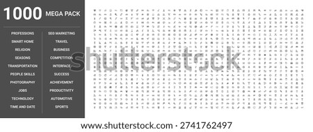 Set of 1000 thin line icons covering business, technology, sports, transportation, travel, productivity, photography, religion, professions, smart home, time, seasons, success, marketing, people
