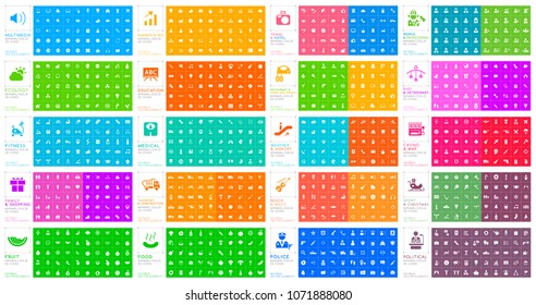 Set of 1000 Universal Solid Icons on Color Background . Isolated Vector Elements