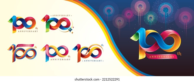 Set of 100th Anniversary Colorful logotype design, Hundred years celebration Logo. Abstract Twist Infinity multiple line Colorful for event, invitation, 100, 100th year Twisted Infinity logo number