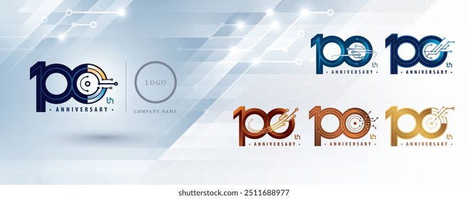 Set of 100th Anniversary logo design, Hundred years Celebrate Anniversary Logo for celebration, Abstract Connected lines and dots Circuit Board, Global network connection, Digital technology, Logo 100