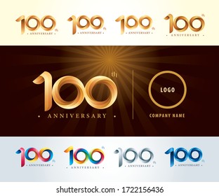 Set of 100th Anniversary logotype design, Hundred years celebration Anniversary Logo silver and golden, Origami stylized Number Letters, Twist Ribbons Logo for event, greeting, Party, Fashion. Funny