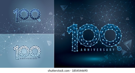 Set of 100th Anniversary logotype design, Hundred years Celebrating Anniversary Logo for celebration event. Technology Network Connecting Dot Polygon Geometric, Abstract Connect Dots Tech Number logo