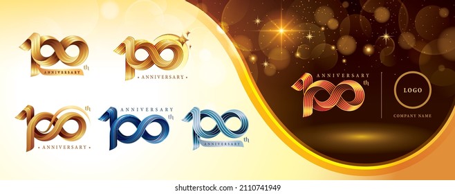 Set of 100th Anniversary logotype design, Hundred years anniversary celebration Logo. Twist Infinity multiple line golden for celebration event, invitation, greeting, 100 year Infinity loop logo