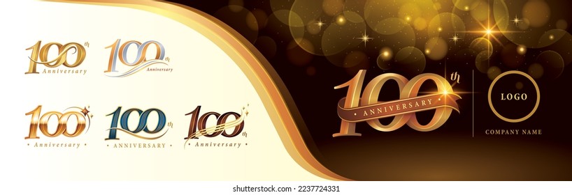 Set of 100th Anniversary logotype design, Hundred years anniversary celebration Logo, Golden Luxury and Retro Serif Number Letters, Elegant Classic Logo for Congratulation celebration event, greeting