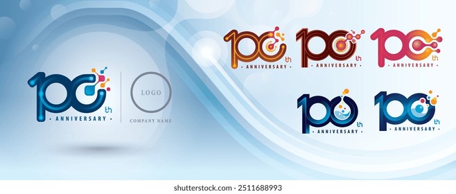 Conjunto de diseño de logotipo del 100 aniversario, Cien años Celebrar Logo para celebración, estructura de molécula Abstractas conectada. Laboratorio de Ciencia de Química, Bio tecnología, Partícula molecular átomo, Logo 100.