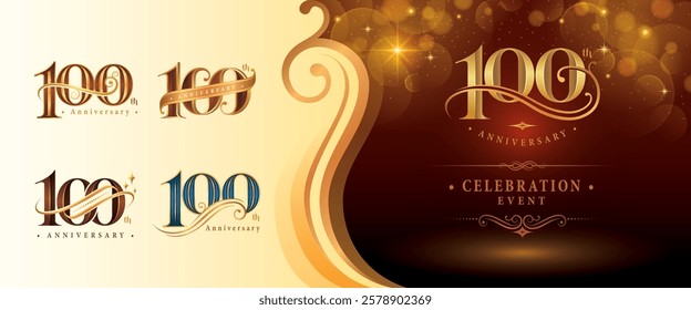 Set of 100th Anniversary logotype design, Hundred years Anniversary Logo, Elegant Classic Logo, Luxury Vintage and retro Serif Number 100, Celebrating Anniversary Logo for Event, invitation, greeting