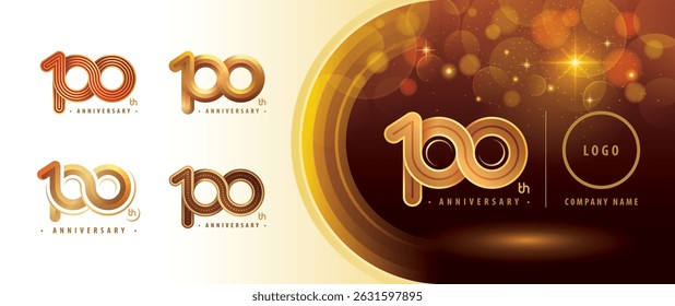 Set of 100th Anniversary logotype design, Hundred years Celebrating Logos. Abstract Infinity Round number 100, Infinity loop logo, Gold Infinity multiple Rounded line for celebration event, invitation